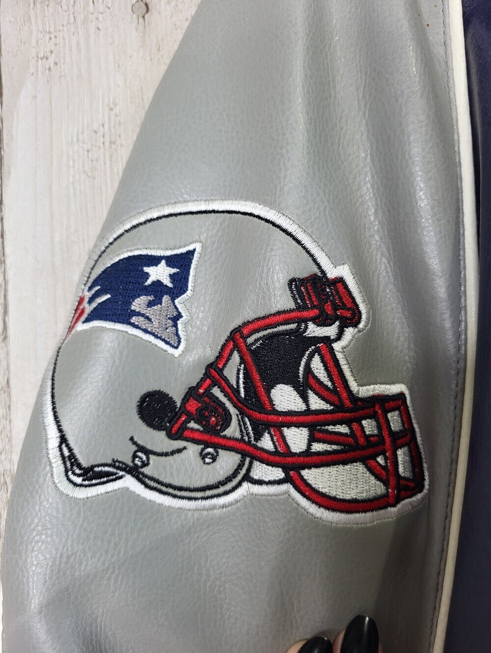 NFL Patriots Navy and Gray Leather Jacket. Faux Leather. Mens Large - Picture 9 of 16